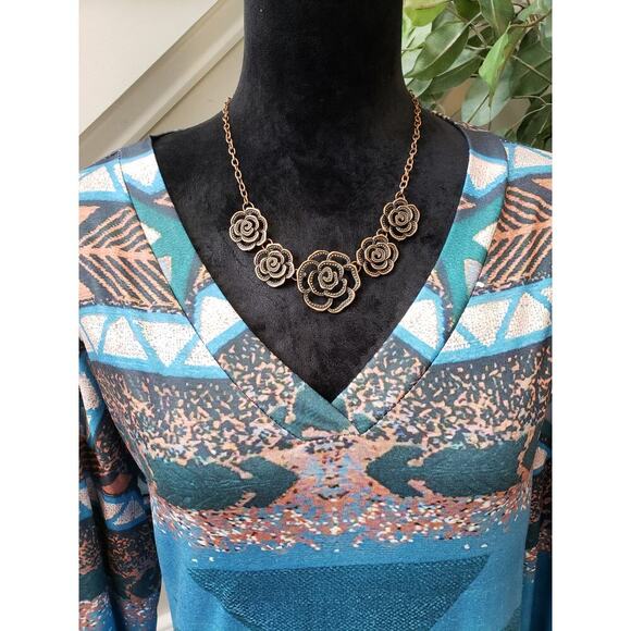 A-Line Dress Women's 2XL Blue Geo Print Stretch Long Sleeve V Neck Side Pockets - Picture 3 of 13